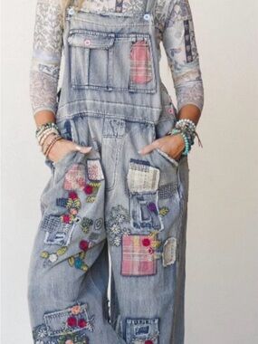 Blue Velvet YES SIZE XL!! GORGEOUS EXCELLENT Embroidered Patch Denim Overalls